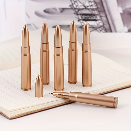 Six Golden Bullet Shaped Ballpoint Pens with Click-Off Cap - Blue Ink, Medium Point