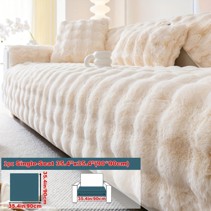 Winter plush faux fur sofa cover for pet-friendly non-slip protection, suitable for sofas up to 4 seats. Machine-washable polyester slipcover for home and office decor, making a cozy Christmas gift.