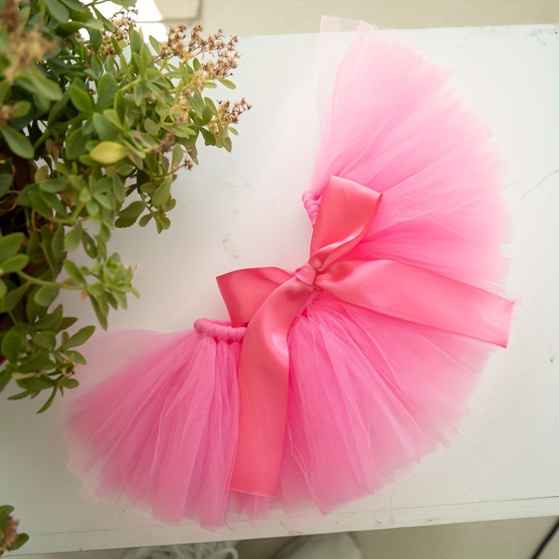 Charming Pink Ballet Tutu Skirt & Floral Headband Set for Kids - Made of Nylon, Ideal for Girls' Photo Sessions