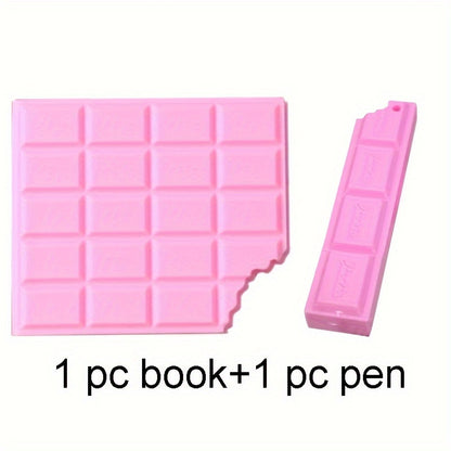 Set of 2 chocolate-shaped sticky note books with ballpoint pens, ideal for students. Portable and special-shaped design, perfect for back to school. Includes blank pages and kawaii