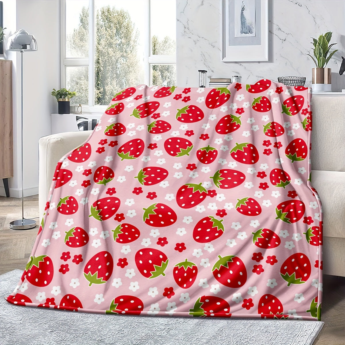 Soft and cozy pink strawberry print flannel throw blanket, perfect for all seasons. Made from 250-300g superfine fiber with digital print design. Ideal for bed or sofa, with no embellishments for a simple and elegant home decor touch.