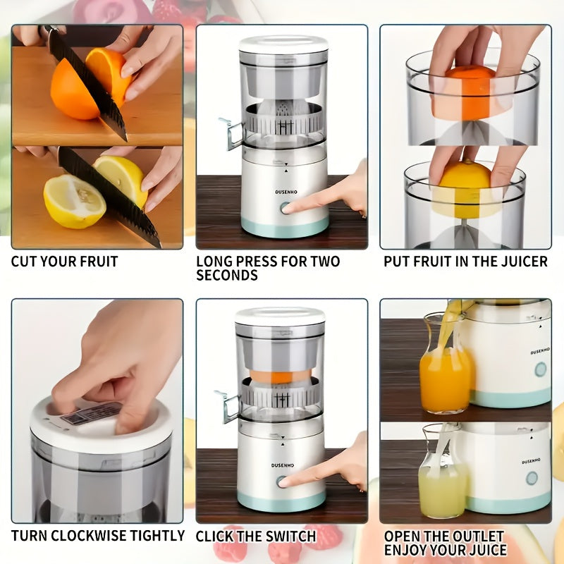 Portable Wireless Electric Juicer with 13.53oz capacity, USB rechargeable and 1600mAh lithium battery. Features push button control, non-heating food grade PP materials, detachable cup, and