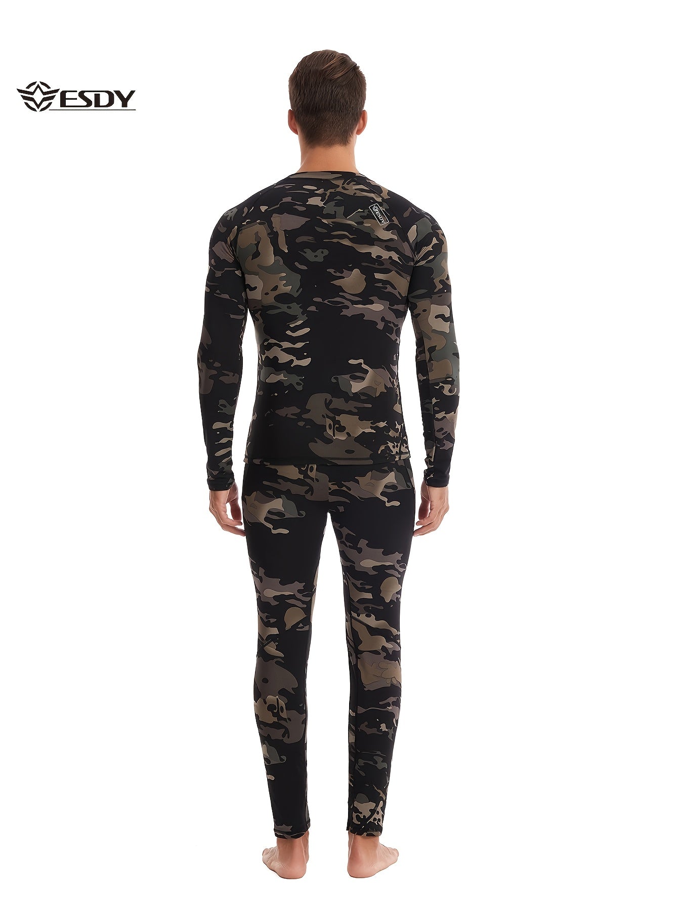 ESDY Men's Camouflage Thermal Underwear - 90% Polyester 10% Spandex, Long Sleeve Crew Neck, Skinny Fit, High Stretch Knit Fabric, Solid Color, for Hiking & Outdoor Activities, Fall/Winter