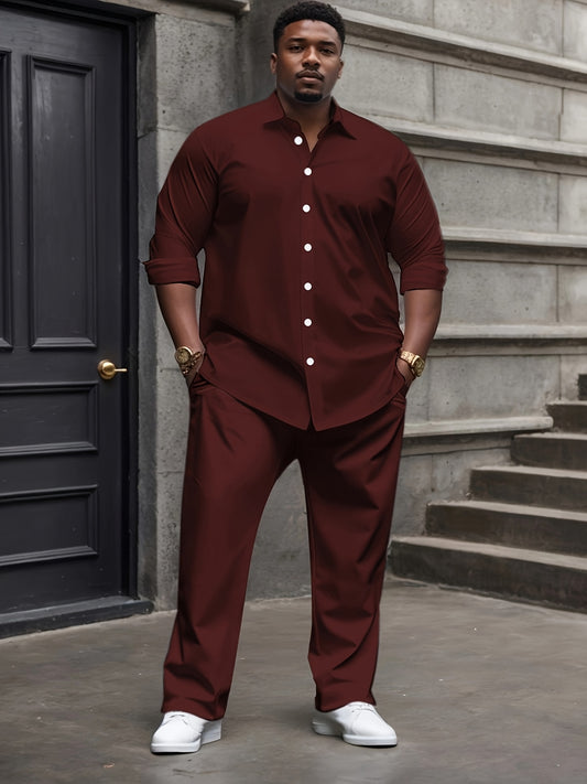 Men's plus size casual suit set with polyester lapel shirt and solid color woven bottoms. Regular fit with elastane for stylish and comfortable outfit.