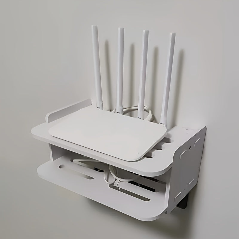 2-tier wall-mounted rack with cable management for routers and set-top boxes - no drilling required.