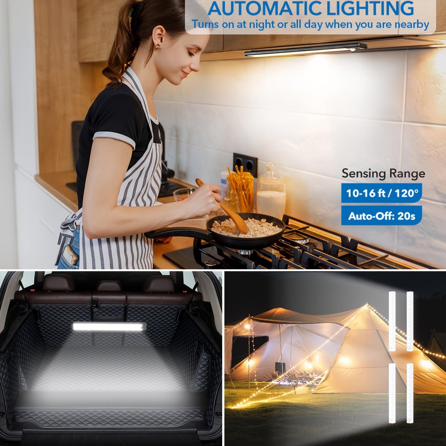 Aipusi 6pcs USB rechargeable under cabinet lights with motion sensor, adjustable brightness, solid color, polished finish, plastic material, lithium battery, ideal for kitchen, bathroom, closet, pantry. Can be wall mounted or freestanding with button