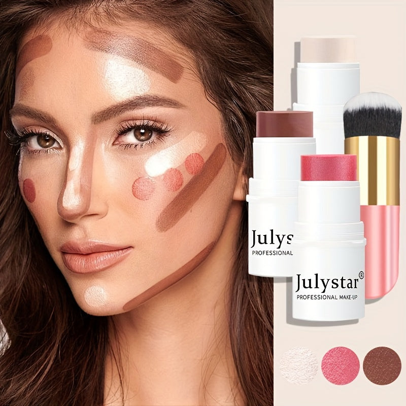 JulyStar 4-Piece Contour Stick Set with Highlighter, Blush & Bronzer and Golden Powder Brush - Waterproof Cream for All Tones, Shimmery Medium Coverage, Under 1 Fl Oz