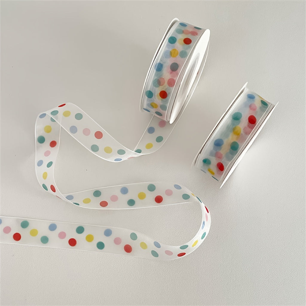 Bright polka dot satin ribbon for gifts and baking - perfect for holidays, birthdays, and any occasion.