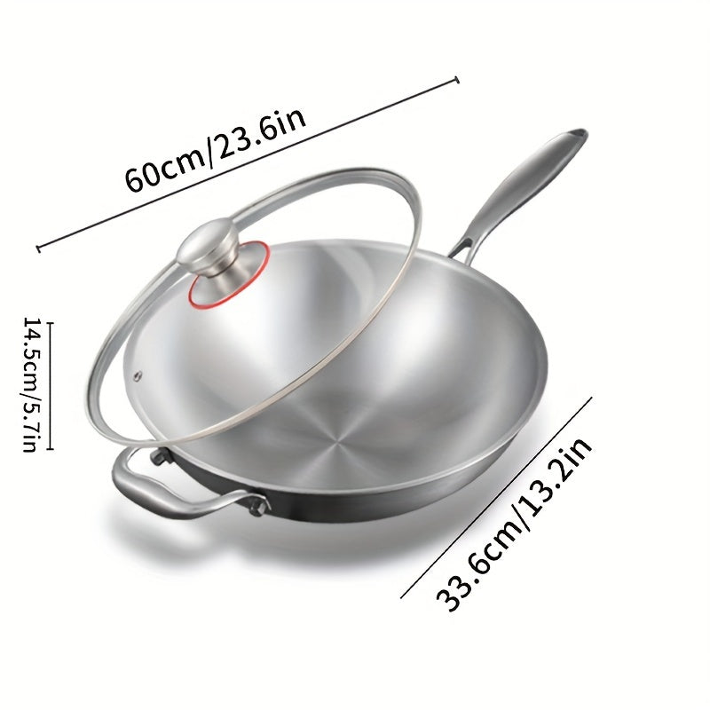 Multi-Purpose Stainless Steel Wok with Wooden Handle and Non-Stick Chef's Stir Fry Pan for Healthy Cooking. Easy to Clean Skillet, Perfect for Versatile Kitchen Cookware.