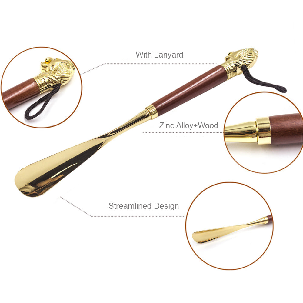 MEGICOT Long Handle Lion Head Shoe Horn is a durable and stylish shoe helper designed for seniors and disabled individuals. Made with zinc alloy metal and ergonomic wooden handle, it is the