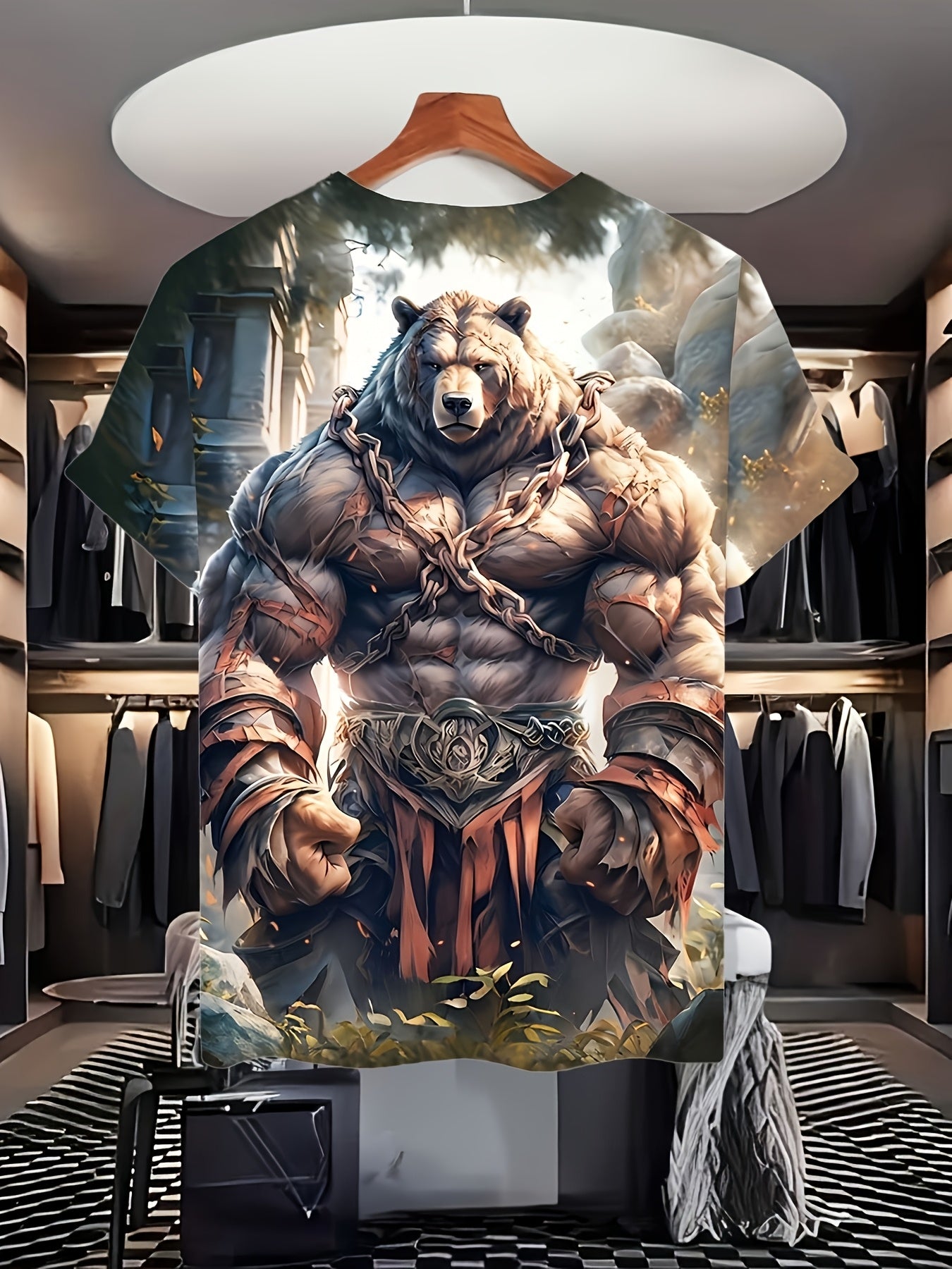 Plus size men's 3D muscle bear graphic t-shirt with bold fantasy design and comfortable polyester blend. Ideal for casual wear, parties, and outdoor adventures. Stylish round neck and