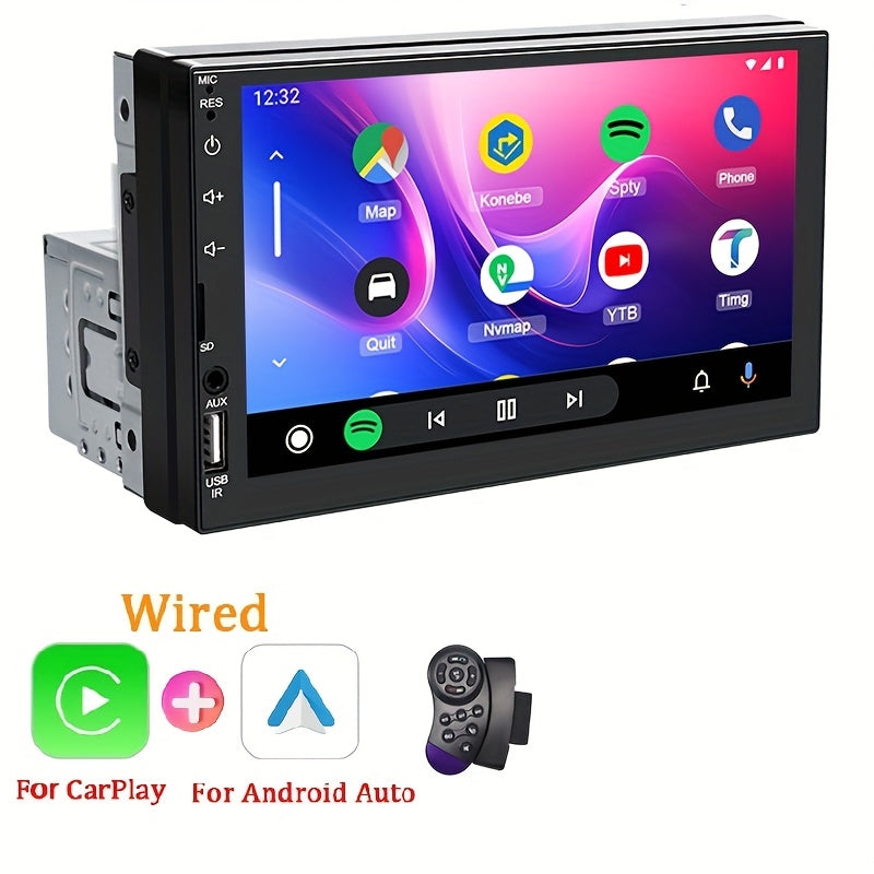 HIPPCRON Single DIN Car MP5 Multimedia Player with 17.78cm HD touch screen, wired CarPlay and AndroidAuto support, Radio Box at bottom, MirrorLink and wireless connection for navigation and