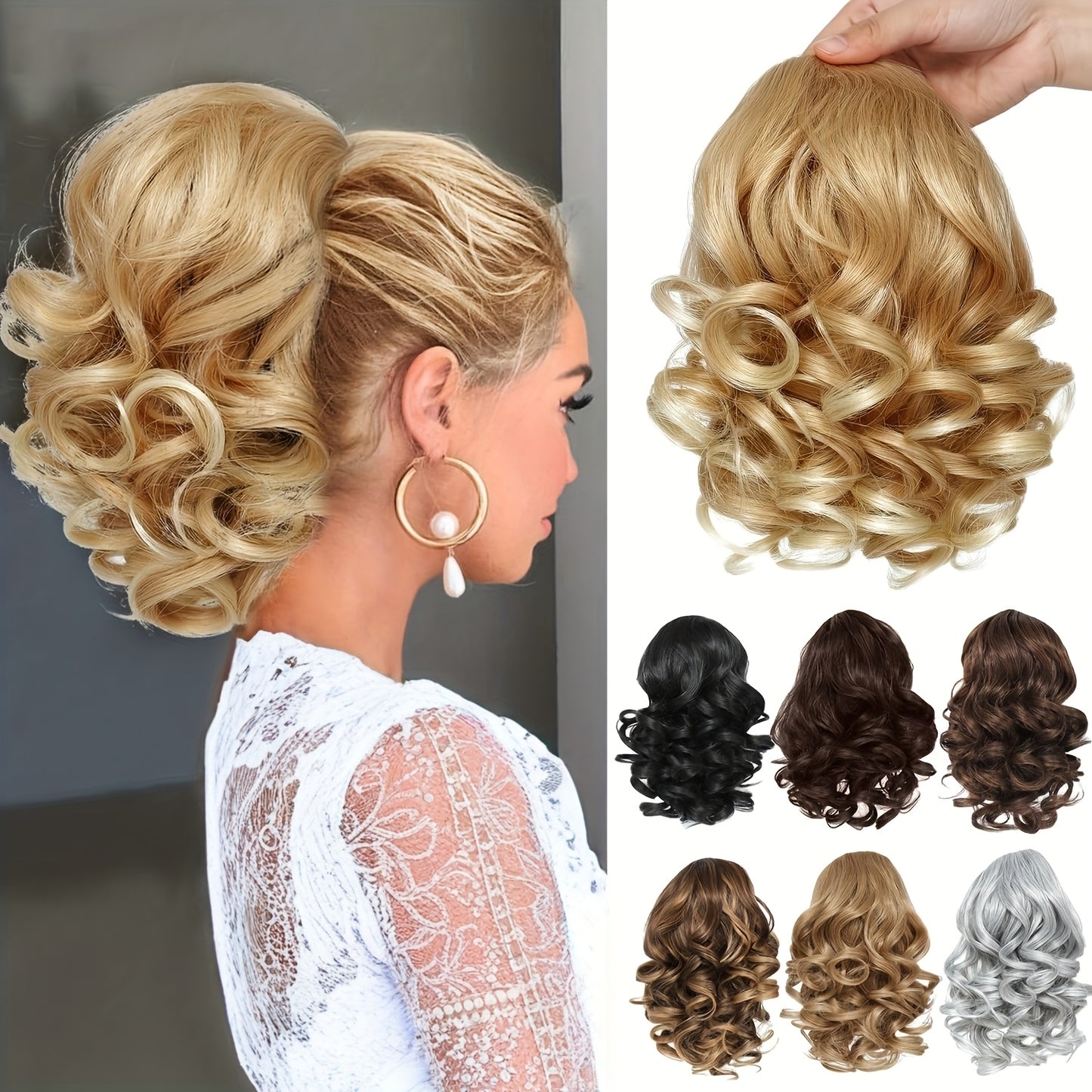 Luxurious curly wavy claw ponytail extensions made with premium synthetic clip-ins for instant volume and versatile style, ideal for everyday fashion and special occasions.