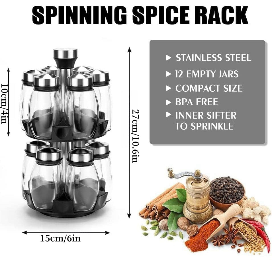 Presenting a rotating 12-jar spice rack organizer, perfect for kitchen countertops. Each rack comes with 12 glass jars, making it an ideal gift for chefs and food enthusiasts (spices not included).