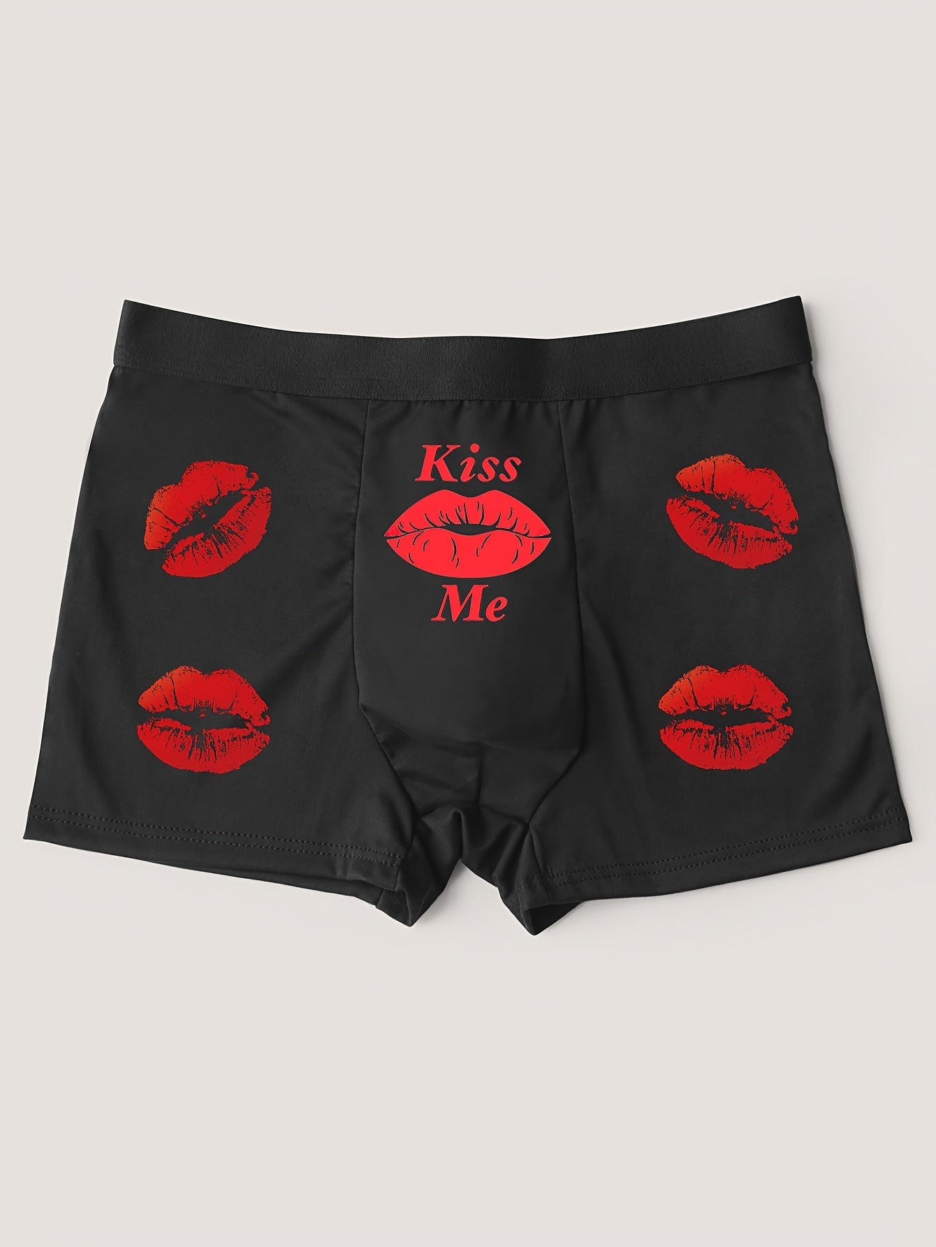 Men's black boxer shorts with red lips and print letter patterns for Valentine's Day, comfortable and stretchy.