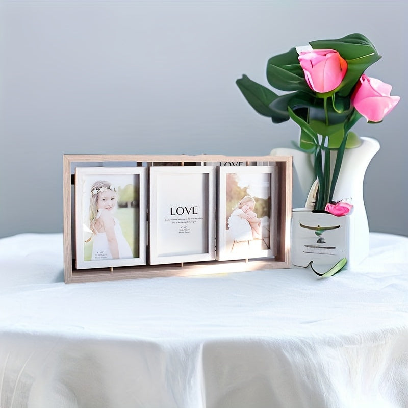 One piece of a wooden double-sided picture frame stand with a tri-fold design that holds multiple photos. Suitable for ages 14 and above.