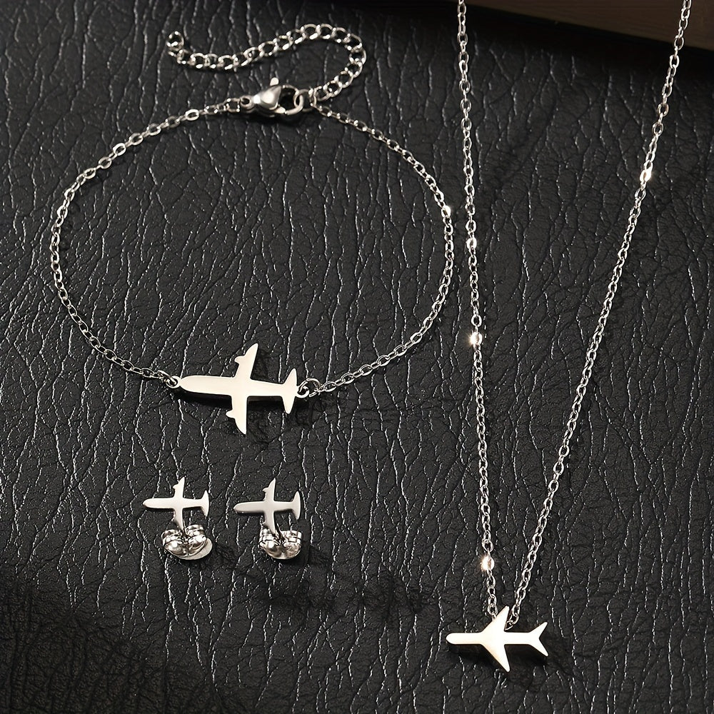 Stylish and elegant 4-piece jewelry set for women featuring stainless steel airplane pendant, chain bracelet, necklace, and earrings. Perfect for adding a touch of charm to any outfit. Makes a great birthday gift for her.