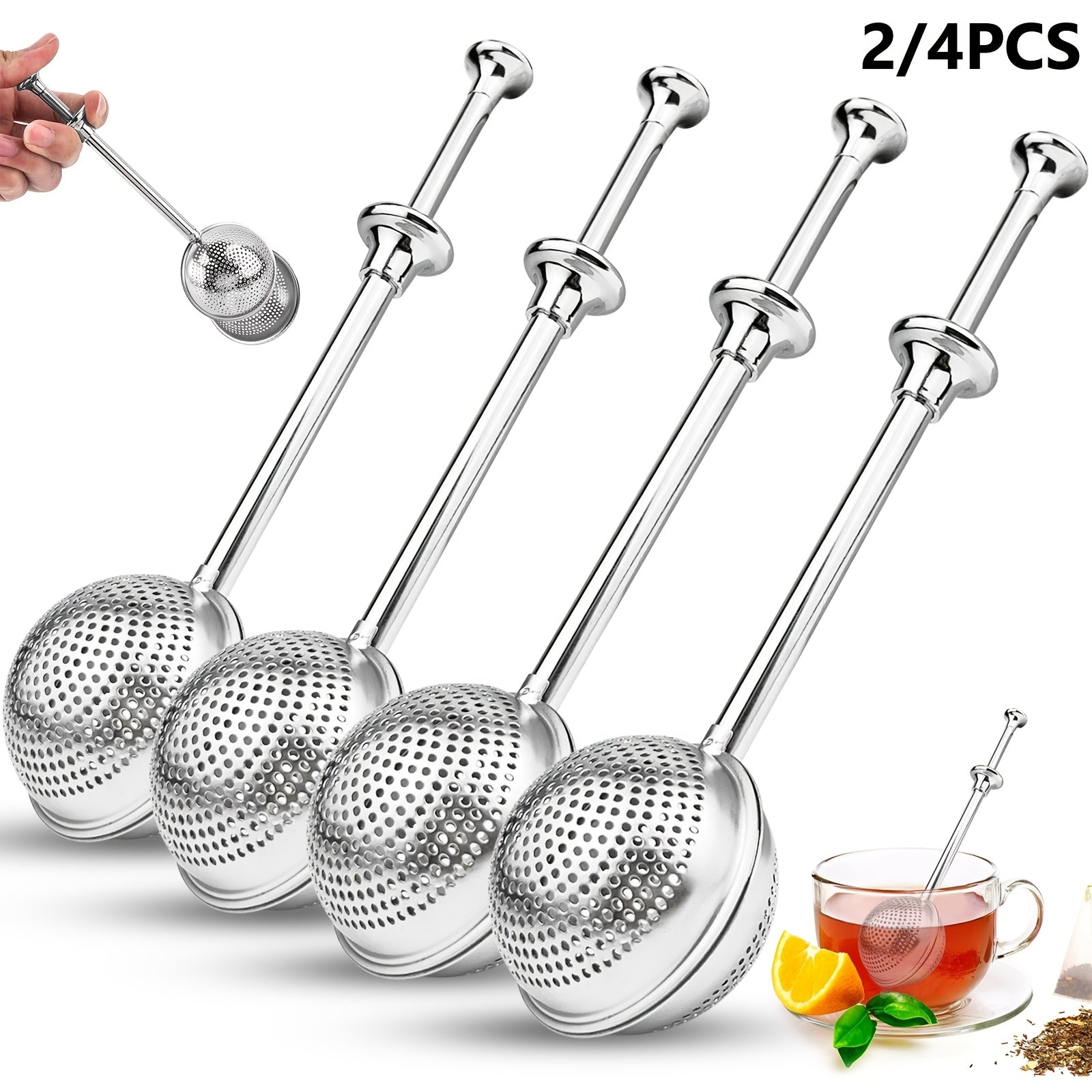 Set of 2 or 4 Stainless Steel Tea Strainers, Press-Style Infuser Filters, Telescoping Tea Ball Separator for Brewing, Perfect for Use in Offices and Restaurants