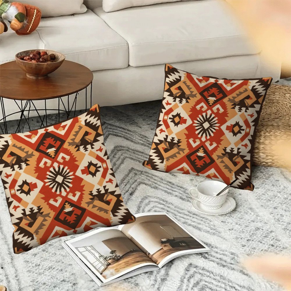 Modern Bohemian Retro Geometric Flannel Pillow Covers, 2-Pack, 45.72x45.72 cm, Zipper Closure, Machine Washable, Ideal for Back Sleepers, Sofa and Outdoor Tent Decor, All-Season Square Cushion Cases (Pillow Inserts Not Included)