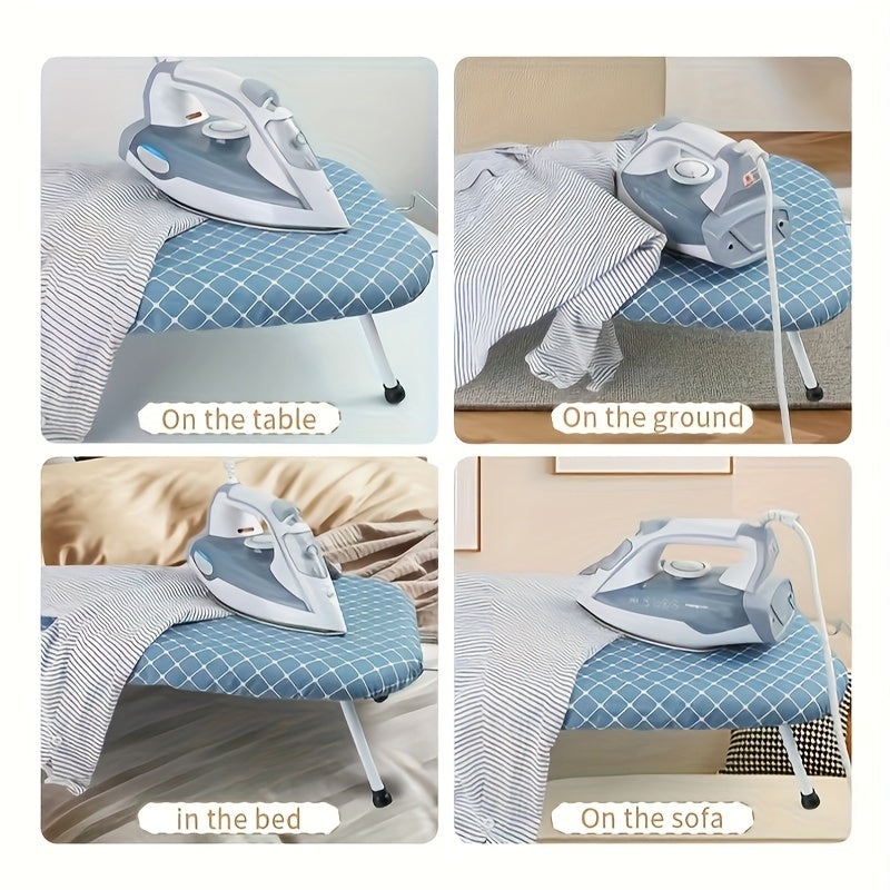 A sturdy ironing board with four foldable legs and a detachable fabric cover for reliable stability during ironing.