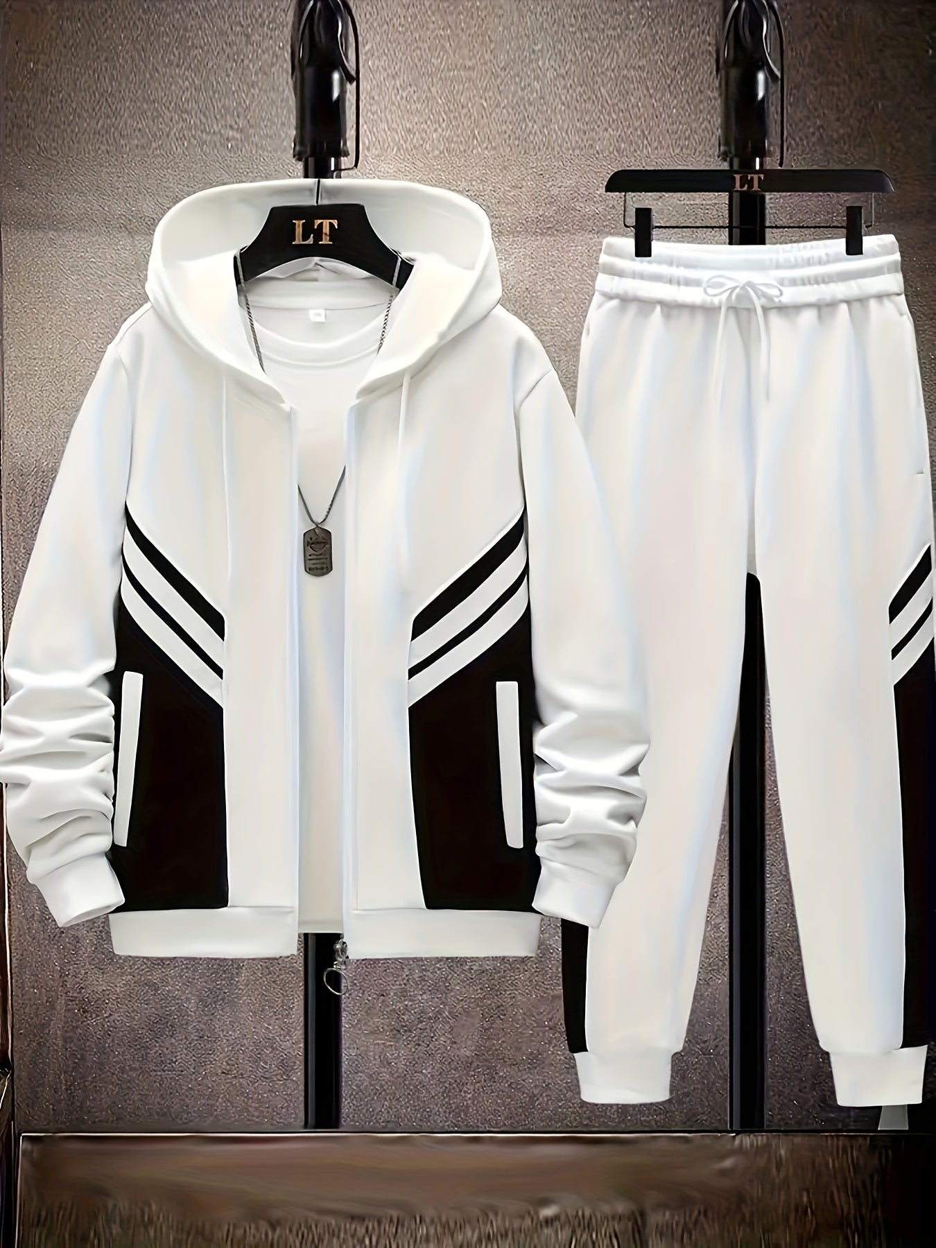 Casual polyester men's tracksuit set with hoodie, pocket detail, solid color, long sleeve knit fabric, slight stretch, regular fit.