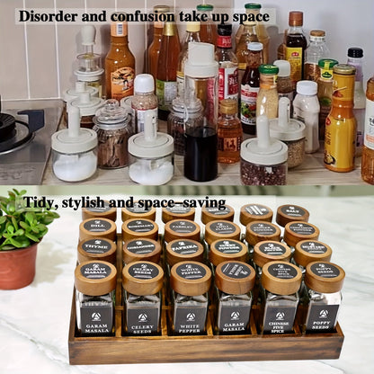 Elegant 24-Piece Sandalwood Spice Rack Set featuring Glass Jars and Lids, Drawer Storage, and Waterproof Labels for British Spices, Herbs, and Seasonings - Stylish and Practical Addition to Your Kitchen