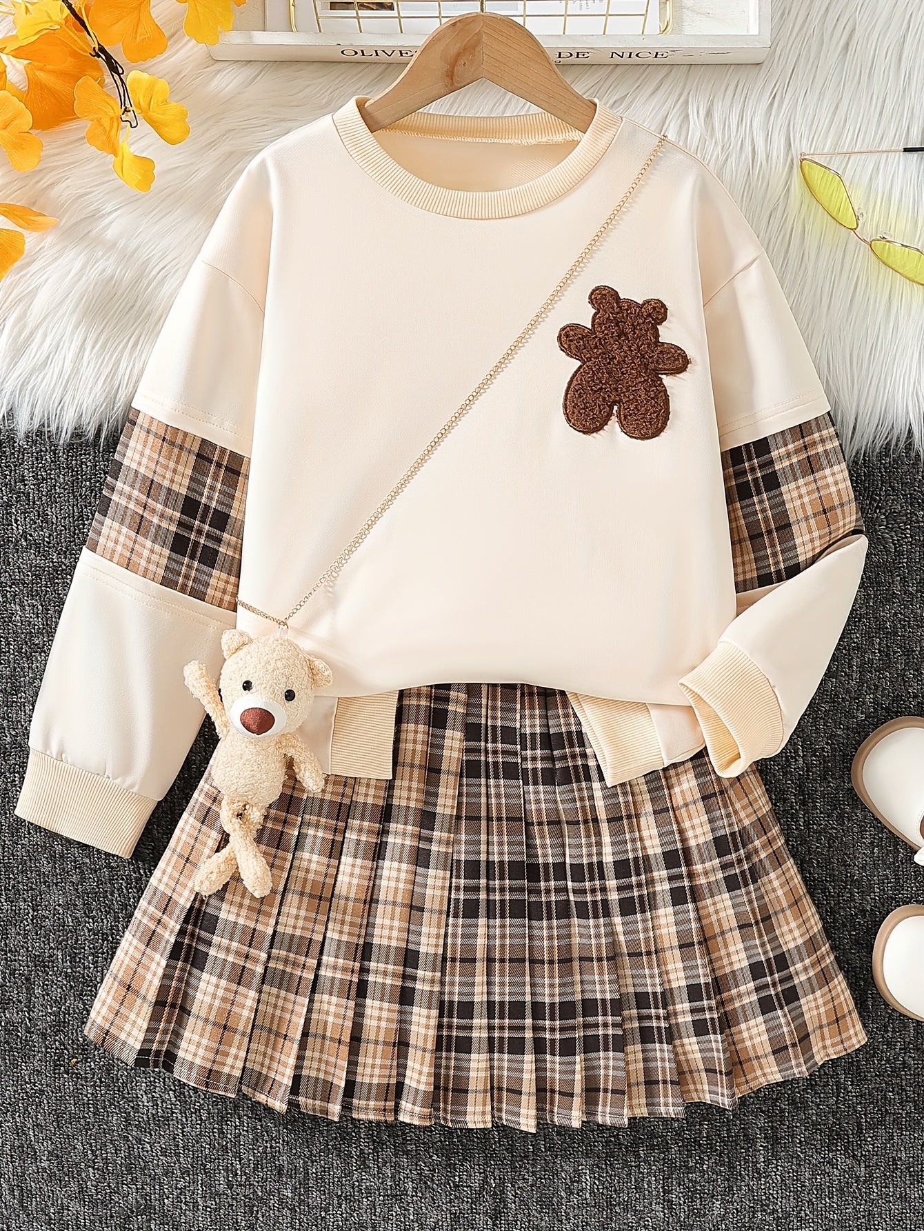 3-piece set with autumn-themed bear embroidery, plaid top, pleated skirt, and bear pendant.