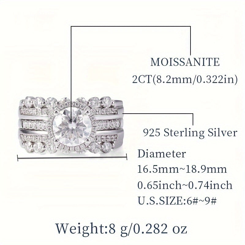 Sterling Silver Stacking Rings with 2ct Moissanite Gemstone, a Symbol of Luxury and Nobility. High-Quality Jewelry for Women, Accompanied by Certificate and Gift Box.