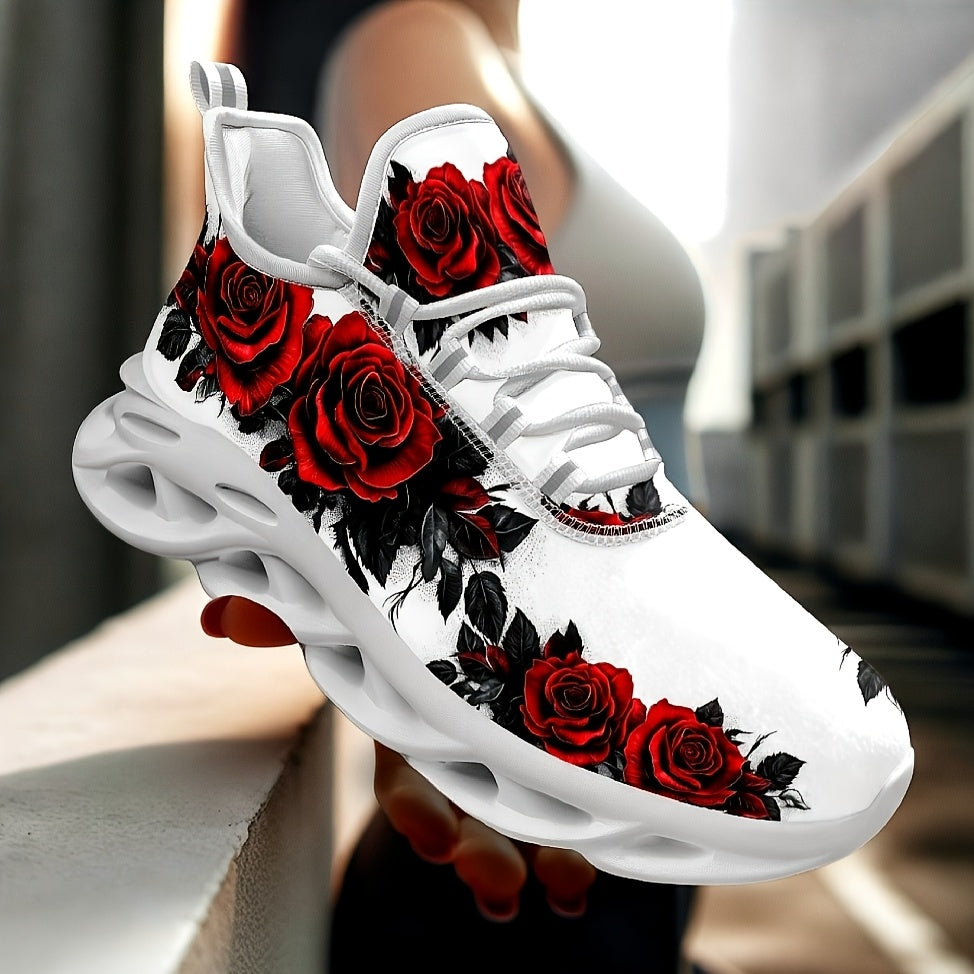 Plus size black rose sneakers with lightweight, cushioned support, breathable fabric lining, and stylish red rose design. Comfortable for all seasons.