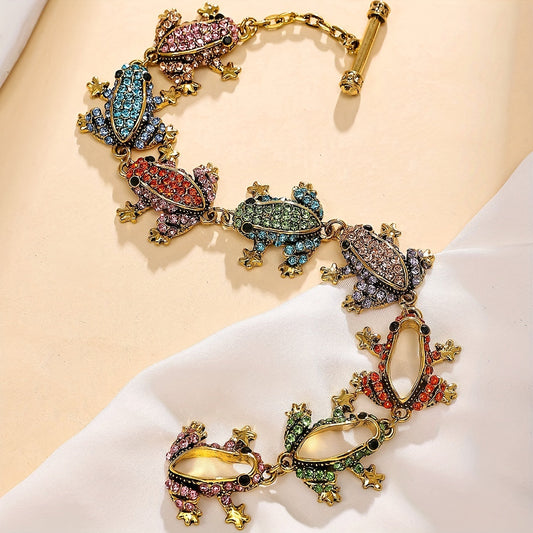 Vintage Frog Charm Bilaguzuk - Nafis Elegans bilan - Porloq Rhinestone Tafsilotlari bilan, Sink Qotishmasidan Yasalgan, Har Kunlik Kiymak va Bayram Tadbirlariga Mos, Joziba Qo'shadi