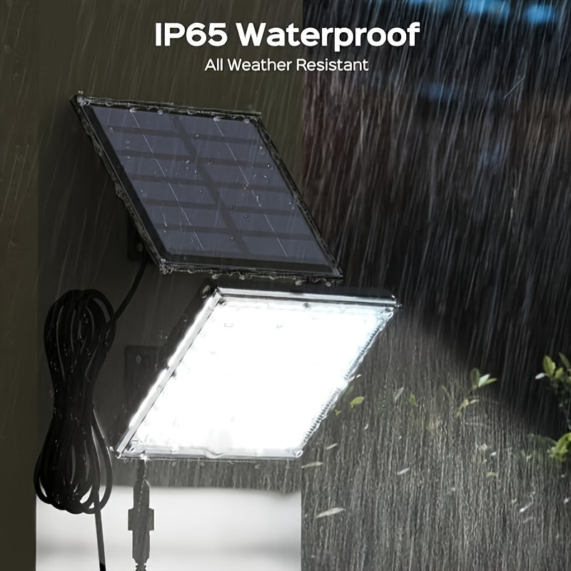 Solar floodlight with motion sensor, 3 lighting modes, and remote control for outdoor installation on walls.