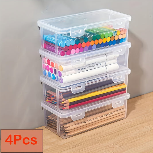 4 Large Capacity Transparent Pencil Cases - Durable Plastic, Multi-Use Storage Boxes for School & Office Supplies