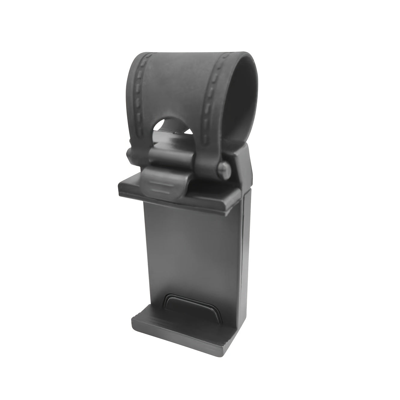 Durable and easy-to-use universal car phone holder with plastic steering wheel mount, mobile phone stand support, and bike clip mount.