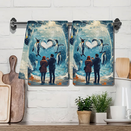 These ultra-soft kitchen towels showcase an adorable illustration of a couple having a great time at the zoo, admiring cute animals. Their favorite spot is by the penguin exhibit, where the penguins are swimming in a heart formation. The couple can't