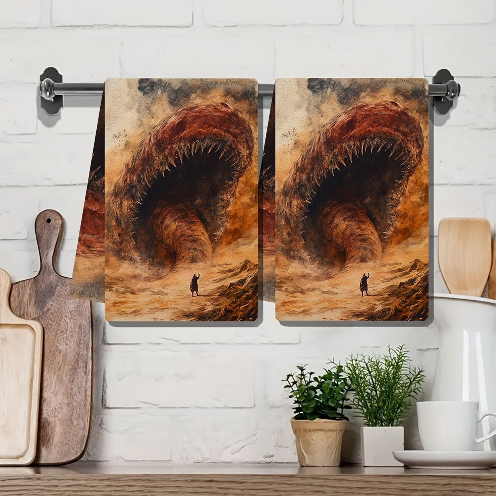 Set of 2 Ultra Soft Kitchen Towels featuring Shai Hulud The Sandworm Design. These highly absorbent and machine washable dish hand towels measure 40.64x60.96 cm. Perfect for holiday decor and everyday use.