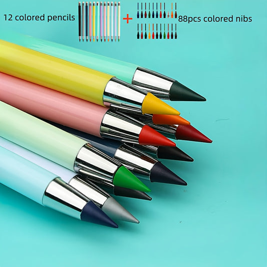 Colorful pencil set with 100pcs, everlasting and replaceable tips, 22 colors, HB hardness, 0.5mm wire, suitable for drawing, art, sketching, and school supplies for ages 14+.