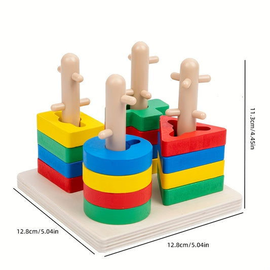 Educational wooden geometric shape sorter puzzle with stacking rings and blocks for cognitive development.