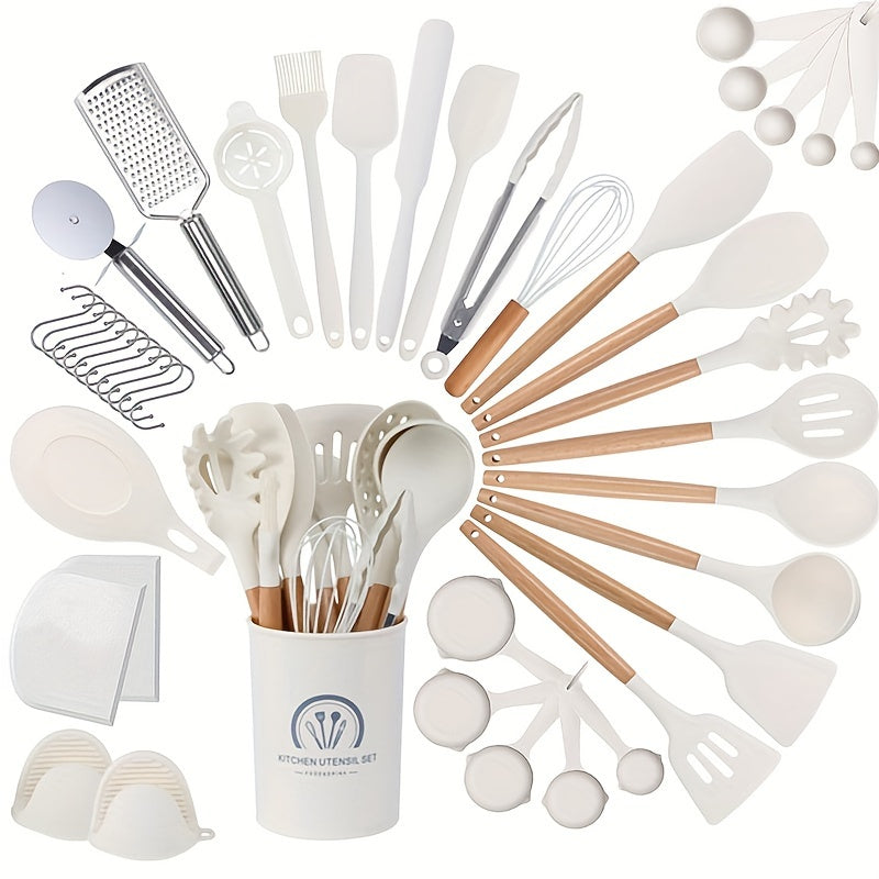 Complete your kitchen collection with the 43-piece Ultimate Kitchen Utensil Set. This set includes a variety of silicone and stainless steel cooking tools with stylish wooden handles, perfect for baking, grilling, and more. The set features spatulas