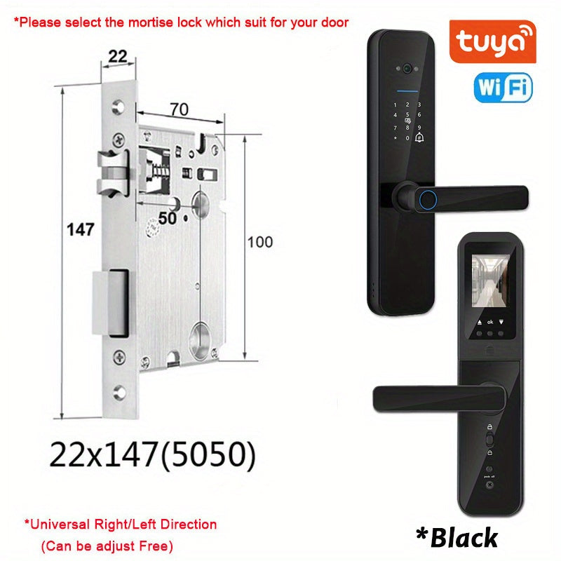 Smart door lock with biometric camera, fingerprint, smart card, password, and key unlock.