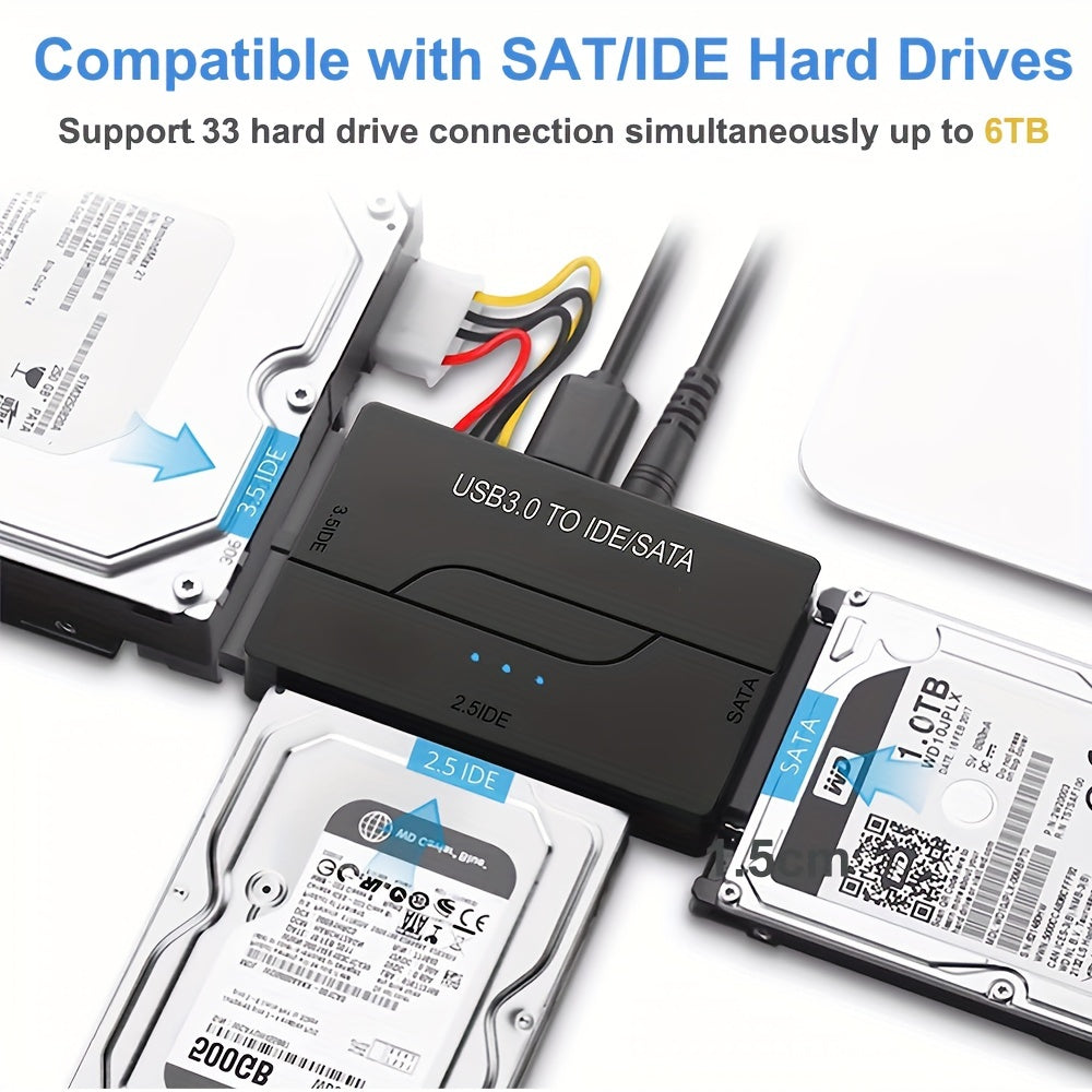 USB 3.0 SATA IDE Hard Drive Reader with Universal Adapter Kit for SATA and IDE HDD SSD, includes 12V/2A EU Power Adapter