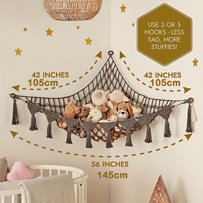 Large macrame hammock for stuffed animals and toys, suitable for ages 14+ years.