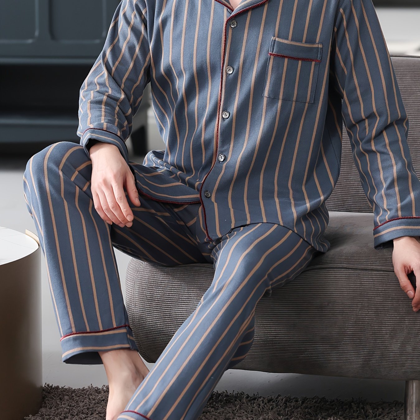 2 Men's Casual Striped Cotton Pajama Sets with Long Sleeve Lapel Shirt and Elastic Waist Pants