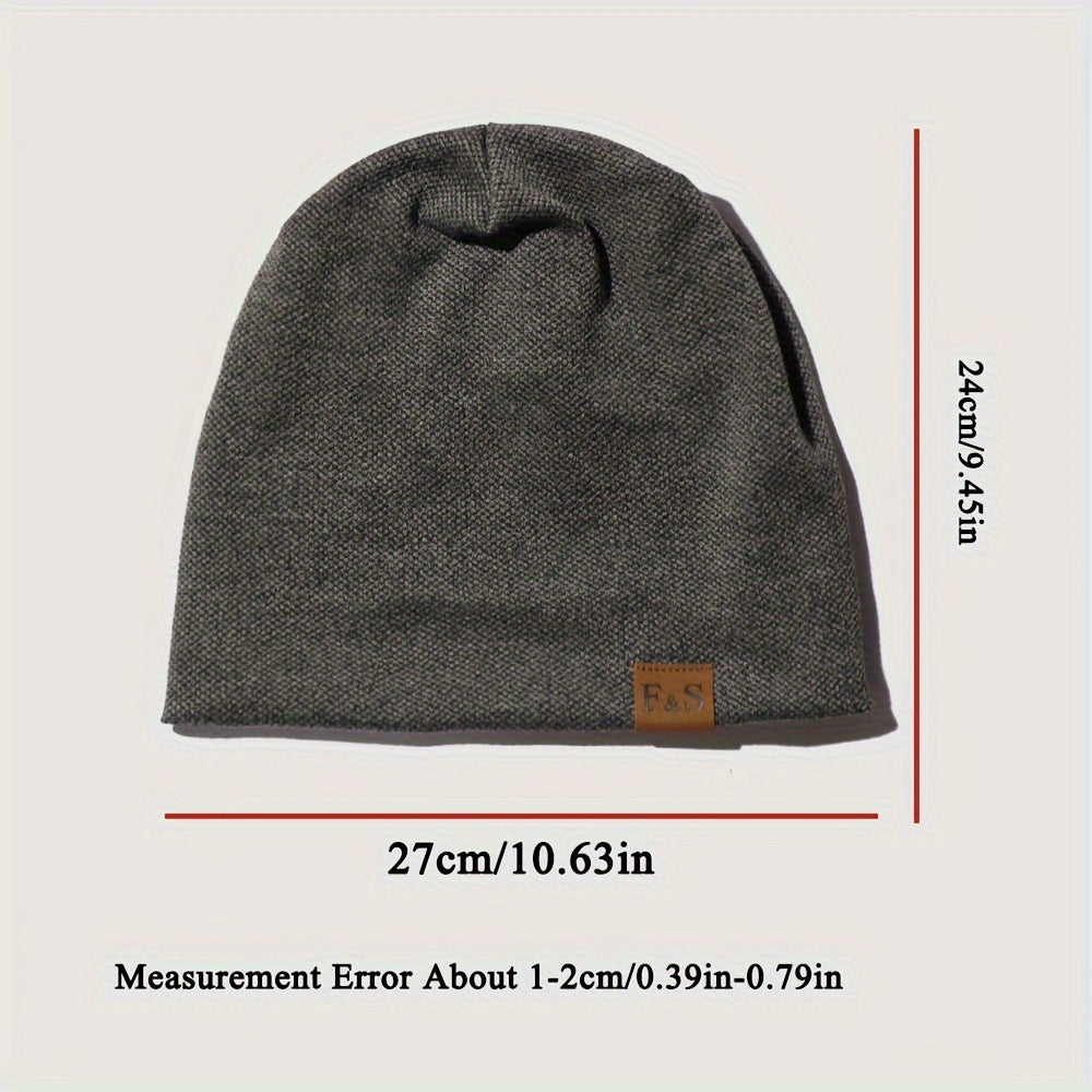 Christmas gift of a men's casual beanie hat made with a blend of cotton and soft, breathable polyester fabric. Features an alphabet pattern, high stretch, and is recommended for hand wash only.