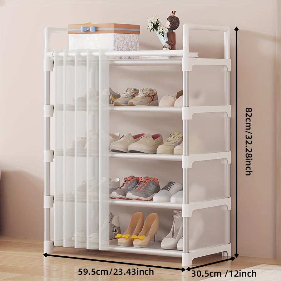 One-piece sturdy metal shoe rack with 5 layers of storage, complete with a door curtain for dustproof shoe storage. This simple and stylish shoe rack is perfect for organizing your living room, bedroom, dorm, or entrance. Keep your shoes neat and