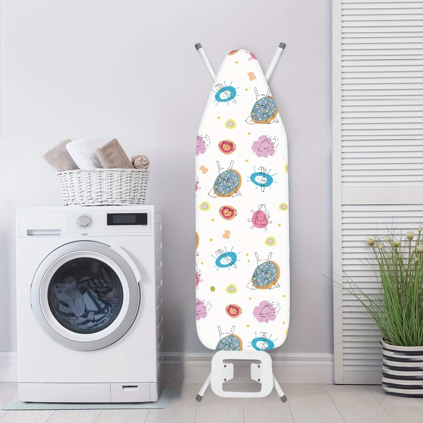 Protect your ironing station with this small items print protective cover, perfect for keeping dust off your laundry while adding a stylish touch to your home accessories. A must-have for any clothing store or laundry room.