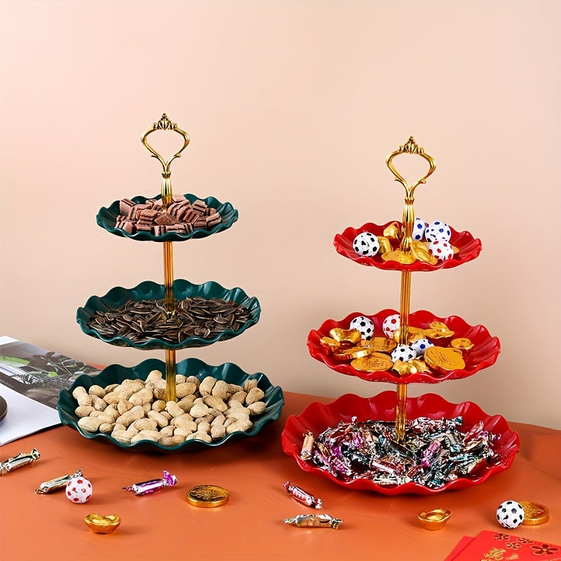 One three-layer candy tray for home use, featuring a festive New Year style and suitable for parties, weddings, restaurants, and buffets.