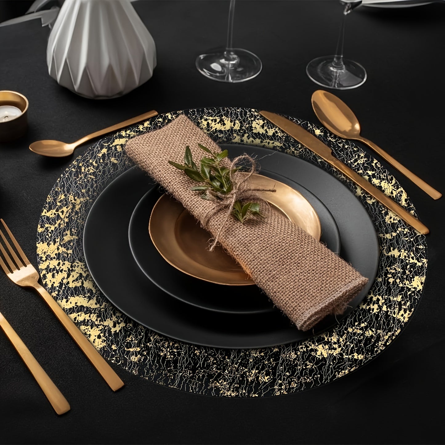 12 golden foil placemats with grid pattern, ideal for autumn table decor, measuring 33 cm. Perfect for Christmas, weddings, birthdays, coasters, and tablecloth decor.