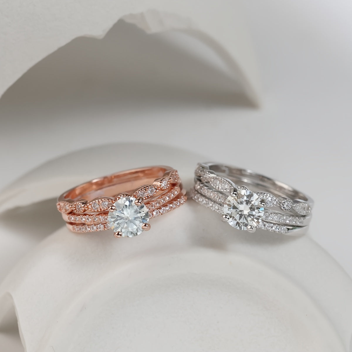 Pick one of these high-quality 925 sterling silver stacking rings with inlaid 1ct, 2ct, or 3ct moissanite for your engagement or wedding. Choose between silvery or rose golden options, each comes with a certificate and gift box.