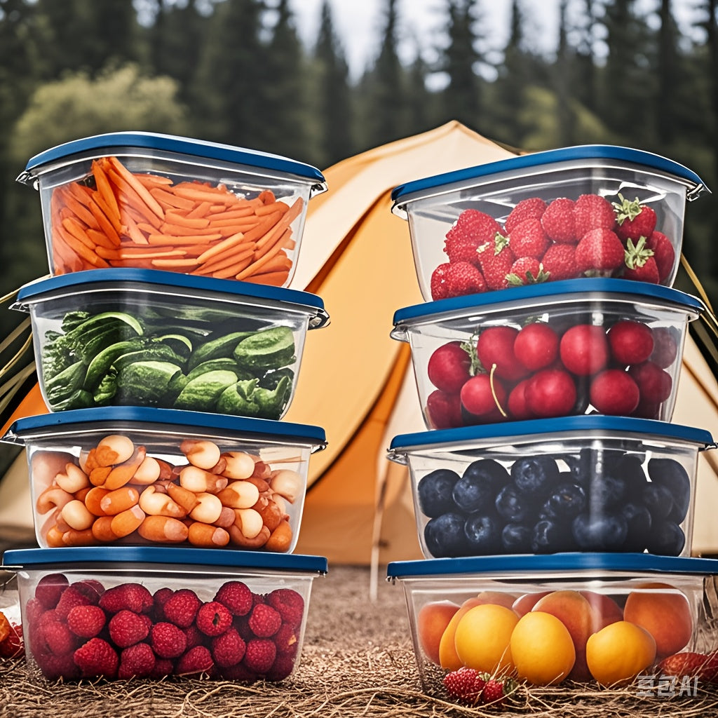 10pc set of reusable clear plastic storage containers with blue lids, perfect for storing fresh produce and snacks in the kitchen, office, school, picnics, and beach.