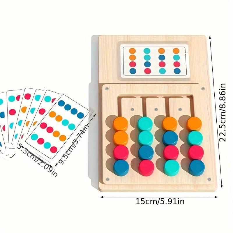 Wooden educational game for youngsters, promoting strategic thinking development and color recognition through four-color card matching. Features vibrant red, green, blue, and yellow pieces.